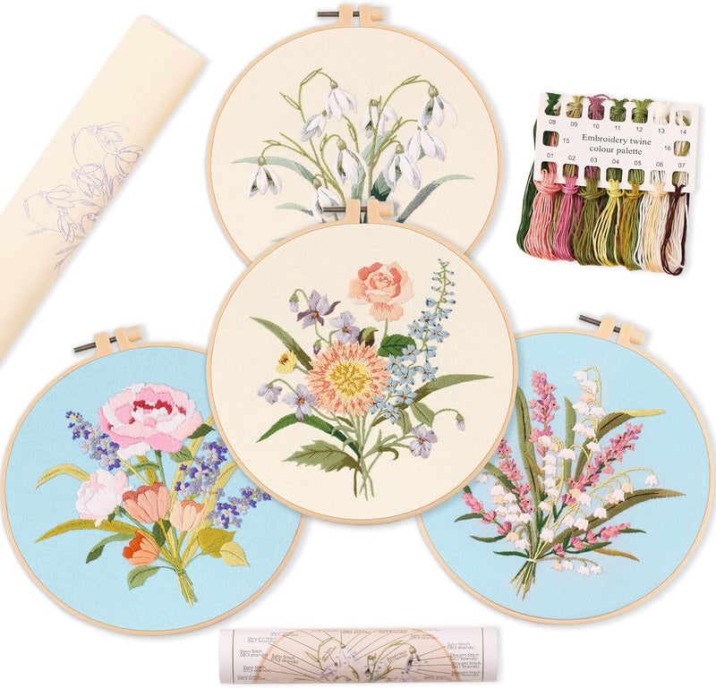REEWISLY 4pc of Embroidery Kits with Patterns and Instructions, DIY Adult Beginner Cross Stitch Kits, Including 2 Plastic Embroidery Rings, 1 Pair of Scissors, Colored Threads and Needles - Image 1